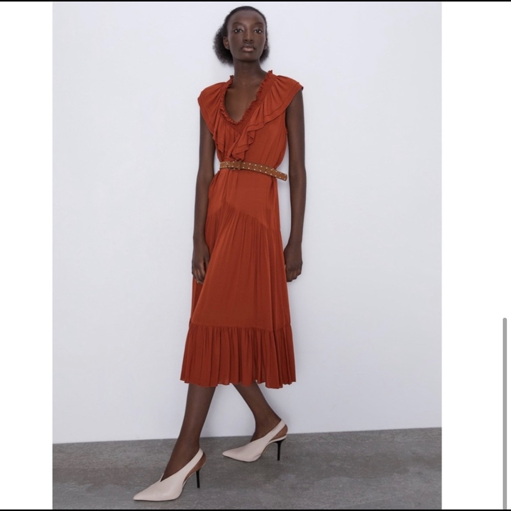 ZARA RUFFLE MIDI DRESS W BELT m - Picture 5 of 9